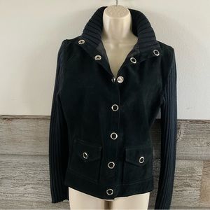 Massini Womens Jacket Black Suede Ribbed Knit Snap Closure size Medium